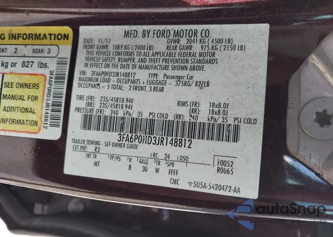 2018 Ford Fusion Se из США, поврежденный, VIN 3FA6P0HD3JR148812